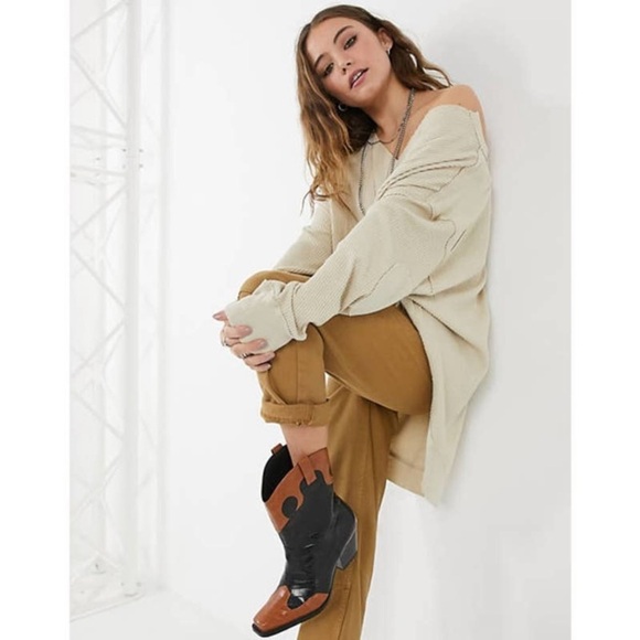 free people cream owen oversized waffle knit thermal - Picture 1 of 7